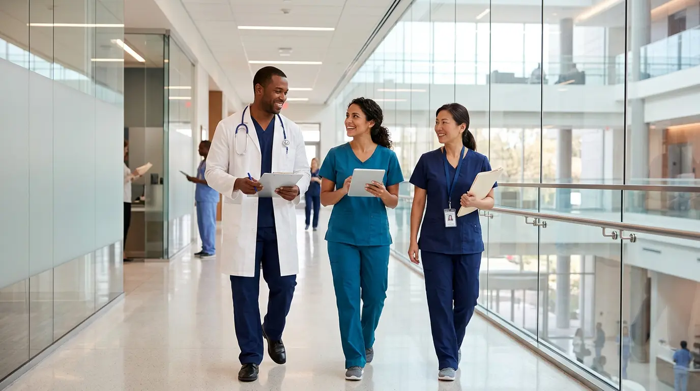 Illustrative scene of clinicians talking in a healthcare setting