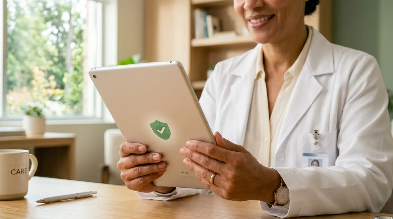 Editorial illustration of a clinician reviewing information on a tablet