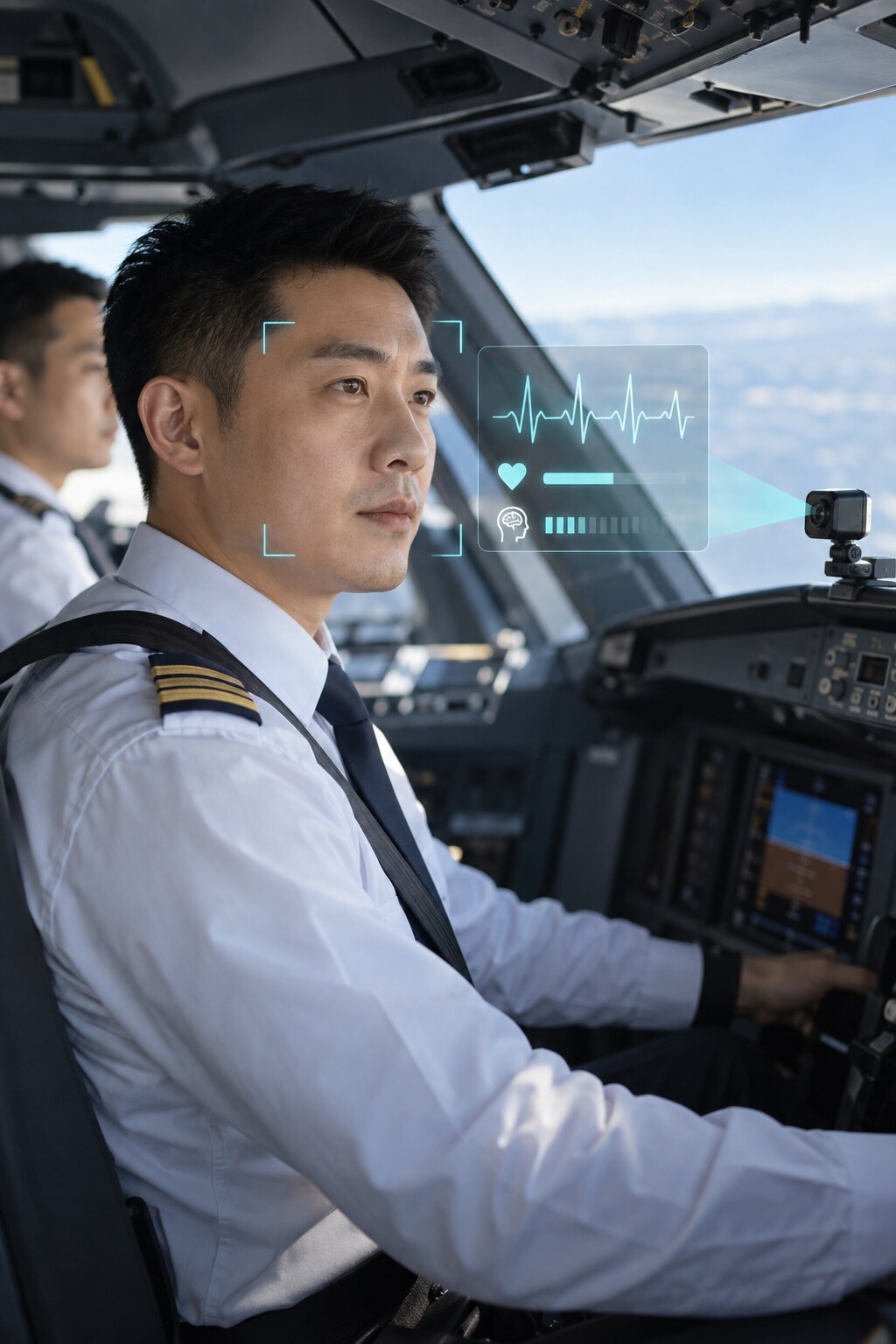Chinese aircrew member using camera-based physiological and mental-stress monitoring in an aircraft cockpit