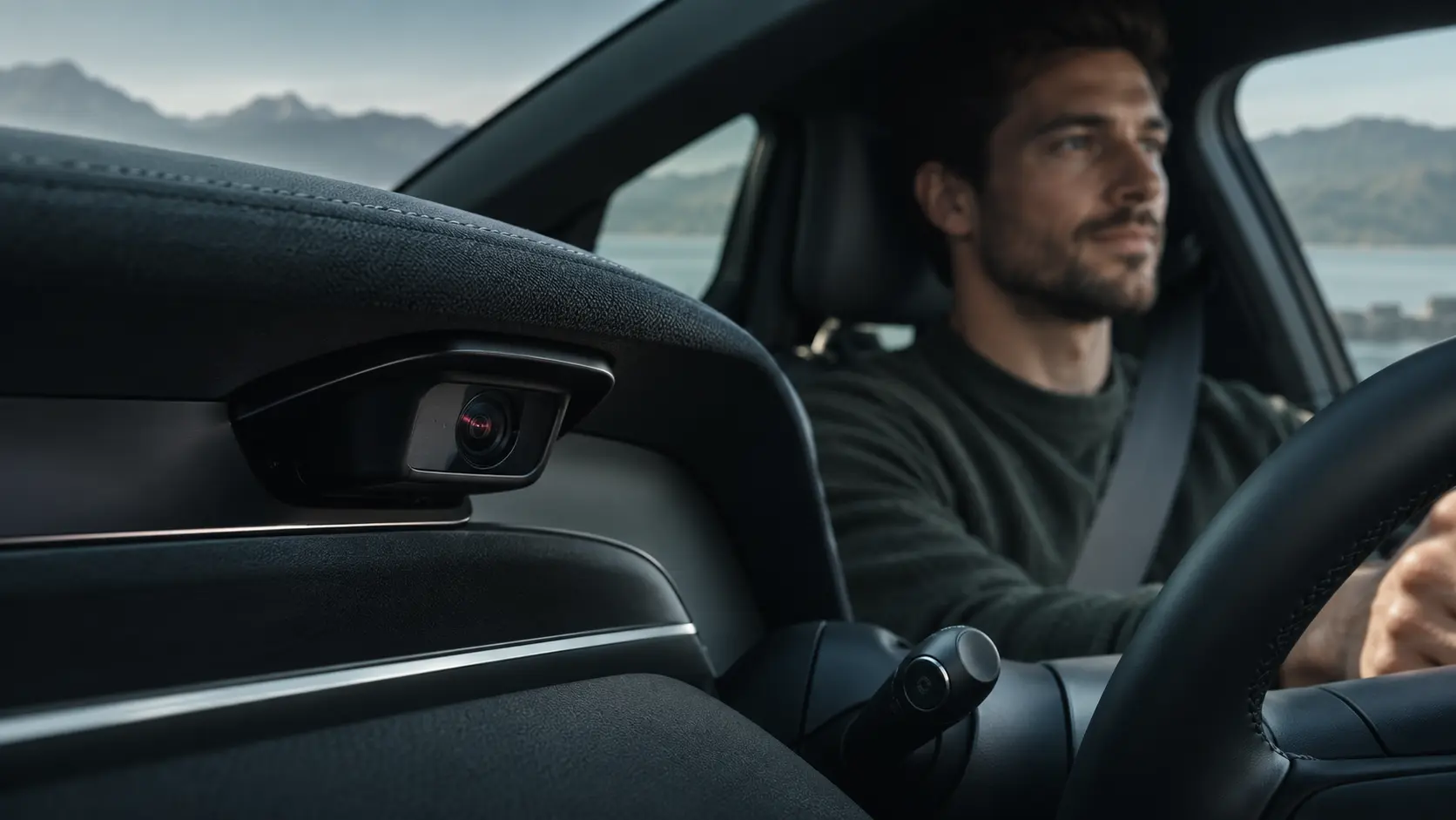In-cabin camera integrated into a modern vehicle cockpit, with the driver in its field of view